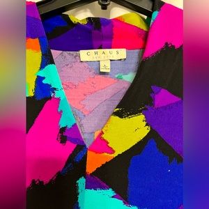 Vintage Womens Chaus New York blouse color block 80s 90s asymmetric shirt L vtg